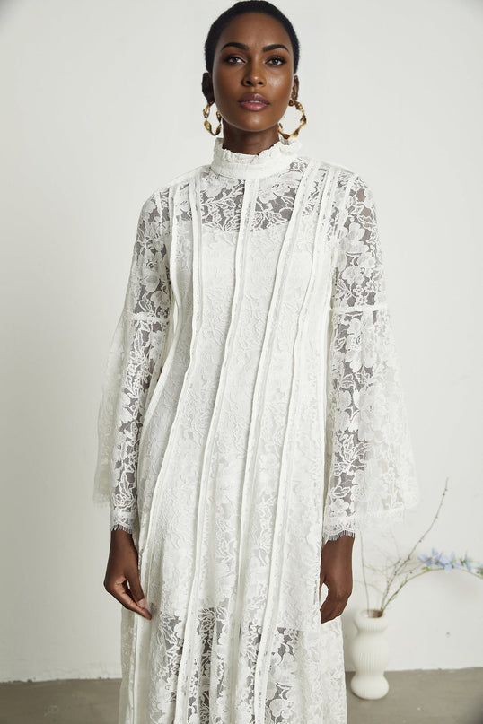 Céline White Lace A-line Midi Dress with Flared Sleeves and Ruffled Hemline