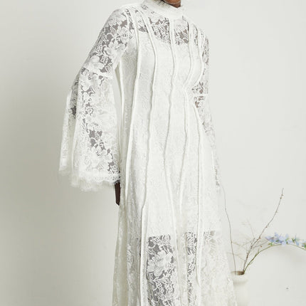 Céline White Lace A-Line Midi Dress with Flared Sleeves and Cut-Out Accents