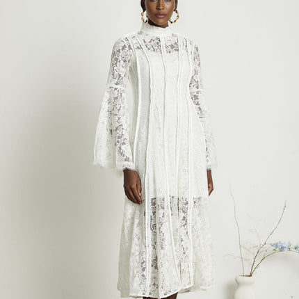 Céline White Lace A-Line Midi Dress with Flared Sleeves and Ruffled Hemline