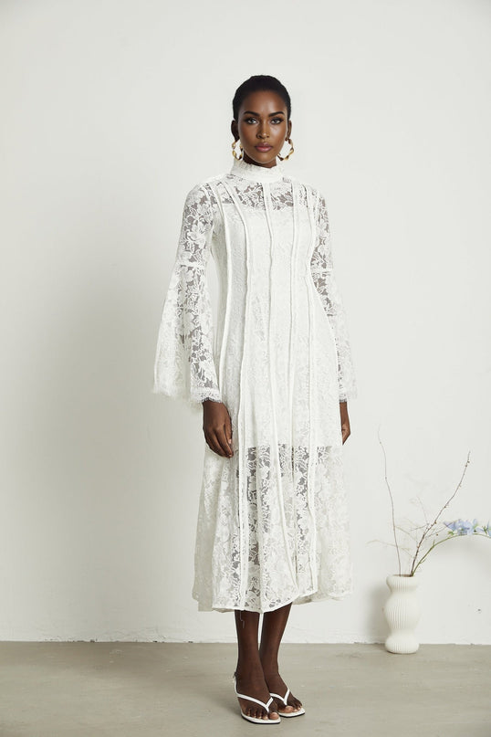 Céline White Lace A-Line Midi Dress with Flared Sleeves and Ruffled Hemline