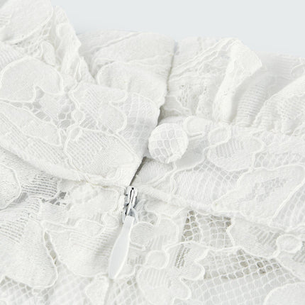 Céline White Lace A-Line Midi Dress with Flared Sleeves and Ruffled Hemline