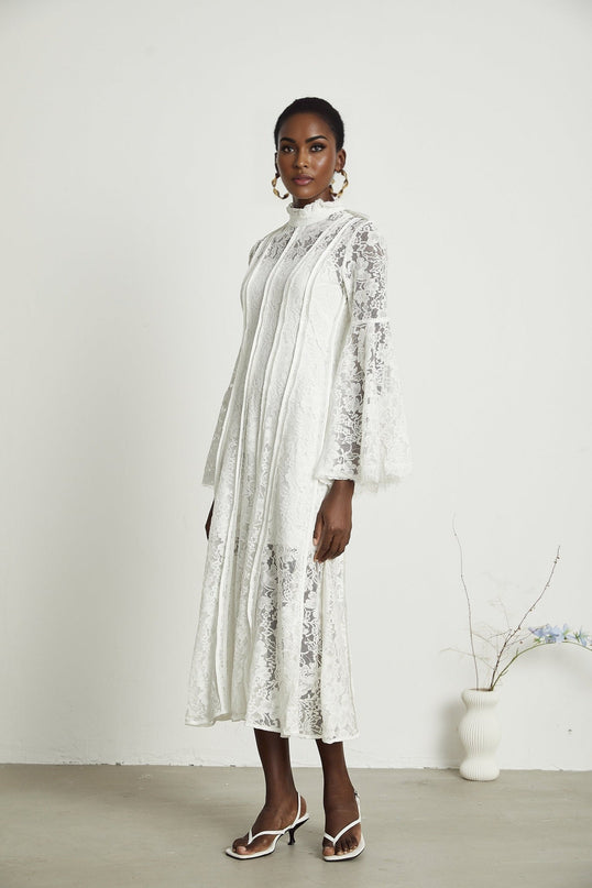 Céline White Lace A-Line Midi Dress with Flared Sleeves and Ruffled Hemline