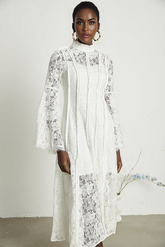 Céline White Lace A-Line Midi Dress with Flared Sleeves and Ruffled Hemline