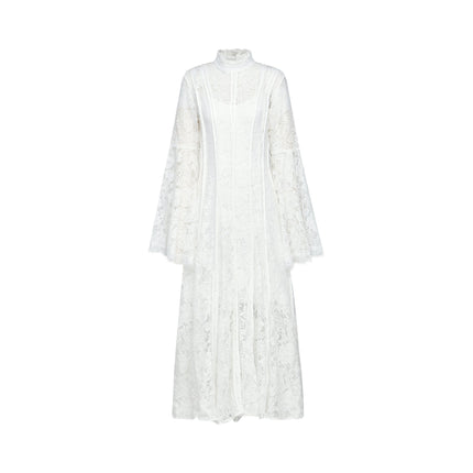 Céline White Lace A-Line Midi Dress with Flared Sleeves and Ruffled Hemline