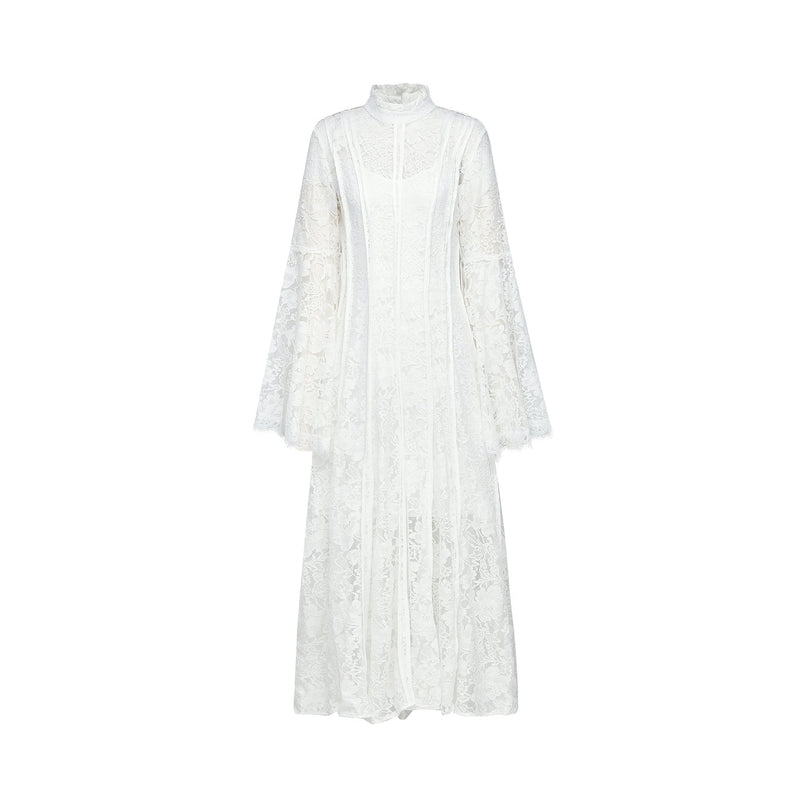 Céline White Lace A-Line Midi Dress with Flared Sleeves and Ruffled Hemline