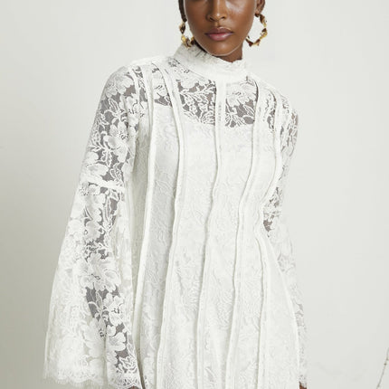Céline White Lace A-Line Midi Dress with Flared Sleeves and Ruffled Hemline