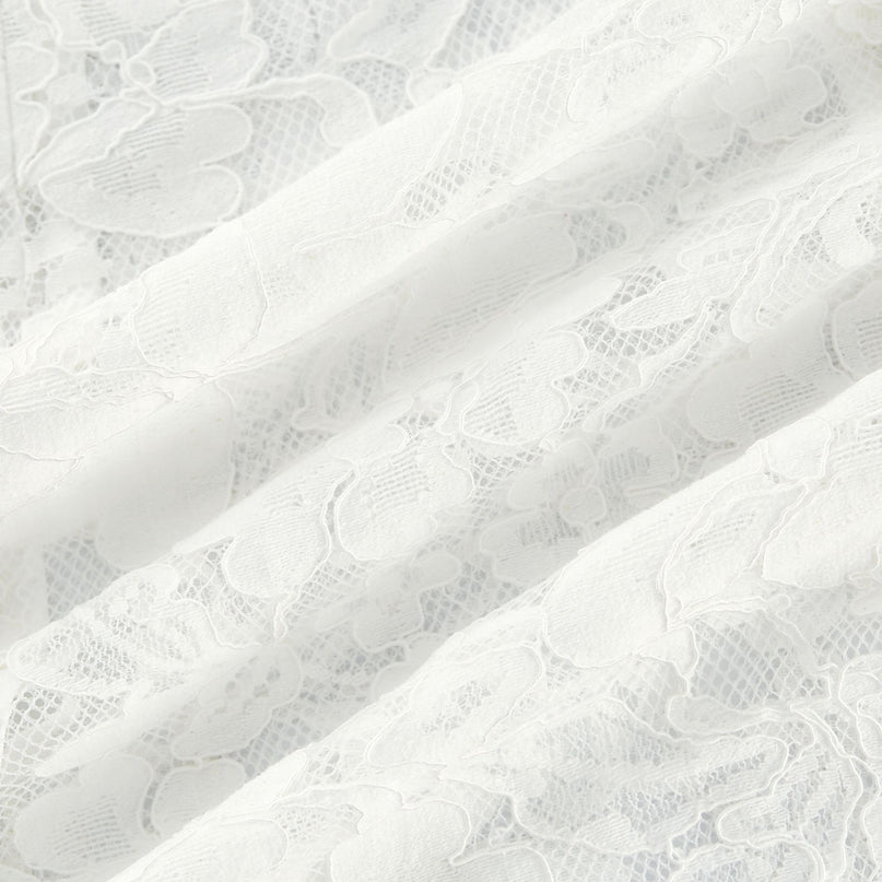Céline White Lace A-Line Midi Dress with Flared Sleeves and Ruffled Hemline