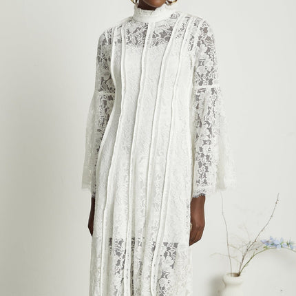 Céline White Lace A-Line Midi Dress with Flared Sleeves and Ruffled Hemline