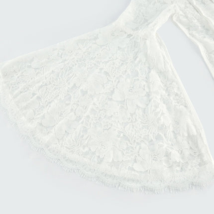 Céline White Lace A-Line Midi Dress with Flared Sleeves and Ruffled Hemline