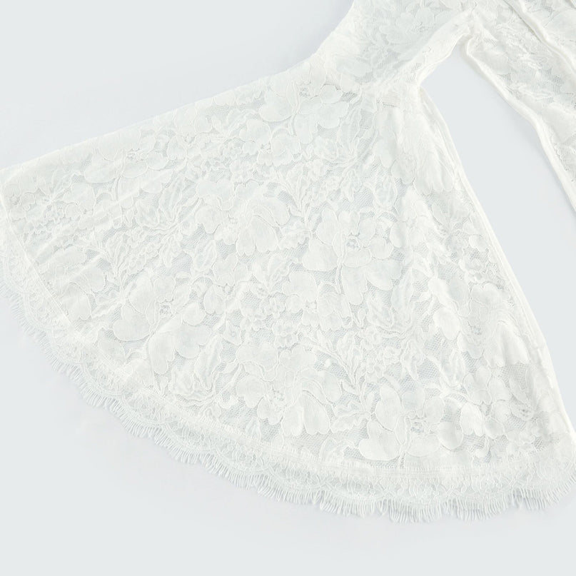 Céline White Lace A-Line Midi Dress with Flared Sleeves and Ruffled Hemline