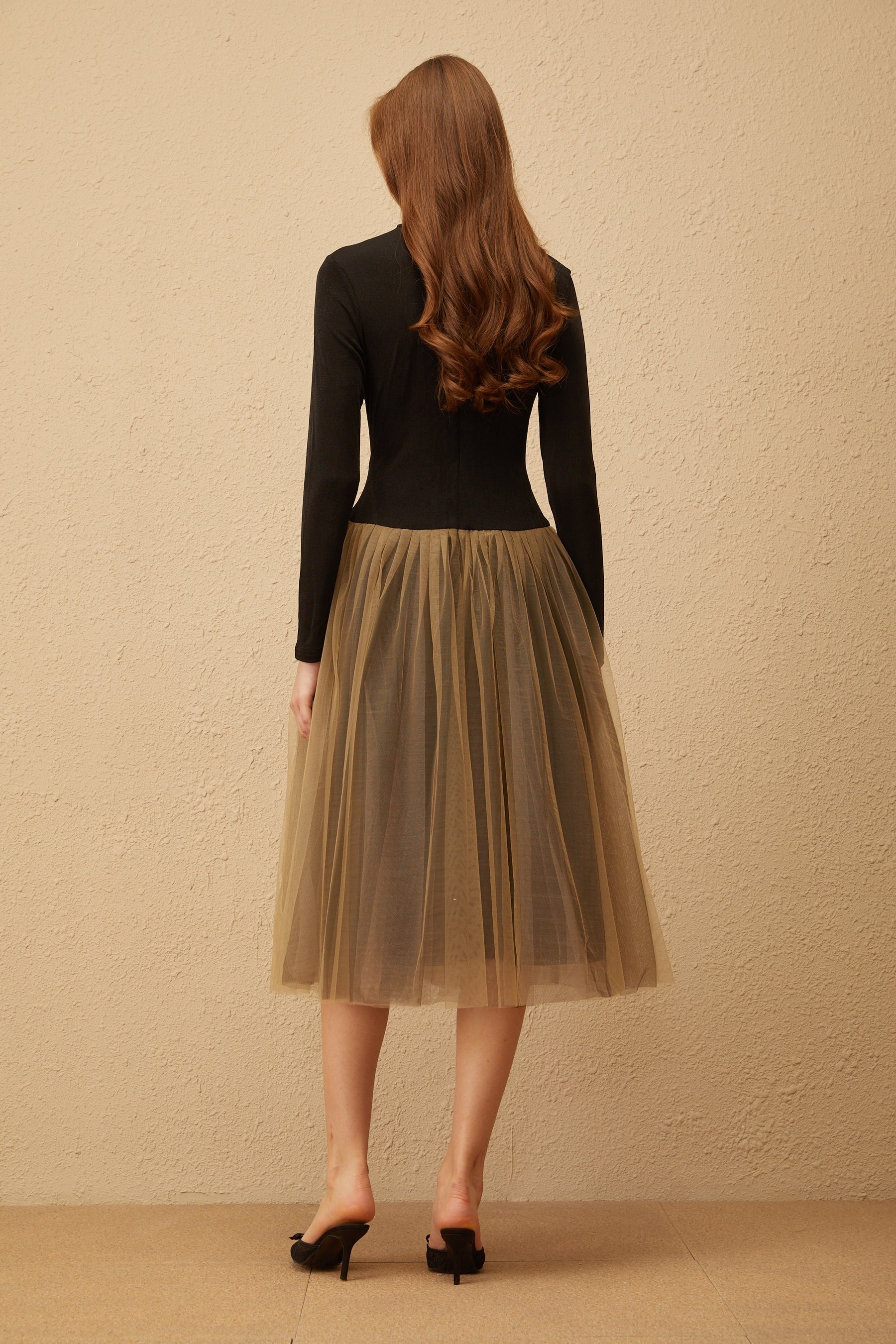 Cézanne Black Crochet Detail Tulle Panel Midi Dress