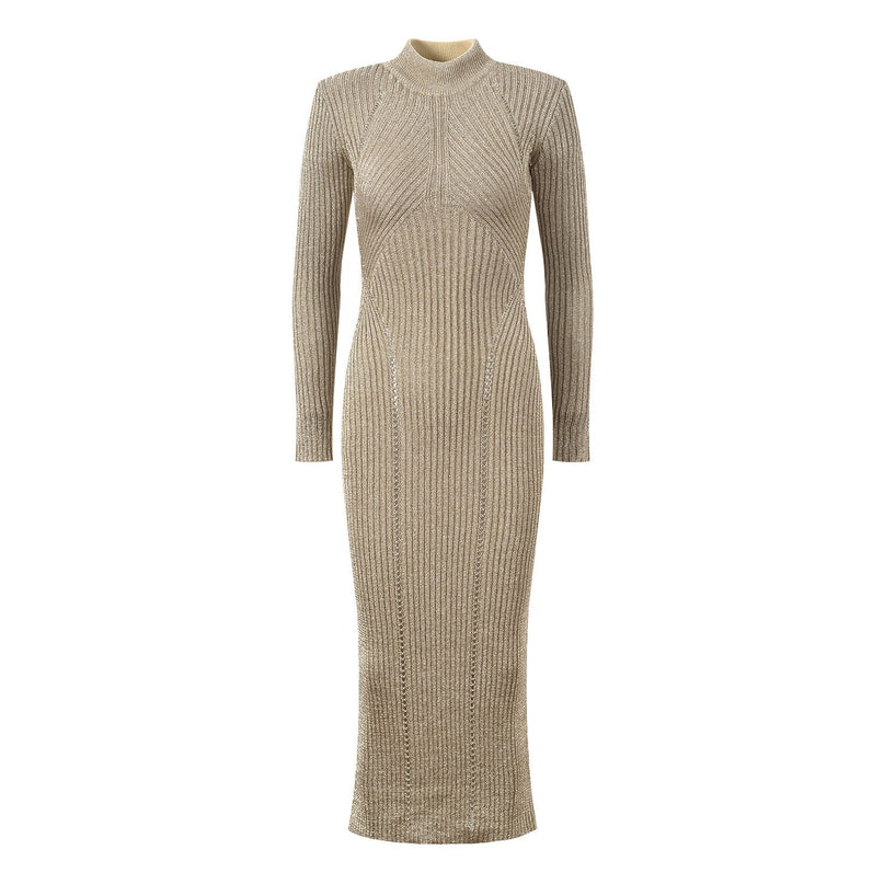 Champagne Gold Bodycon Midi Dress with Metallic Finish