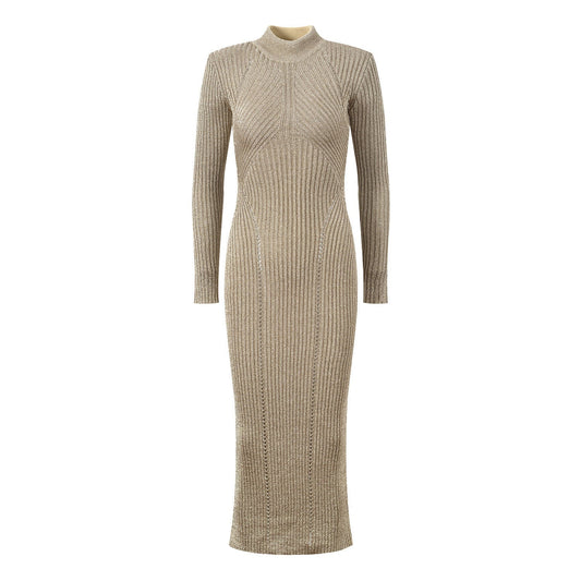 Champagne Gold Bodycon Midi Dress with Metallic Finish