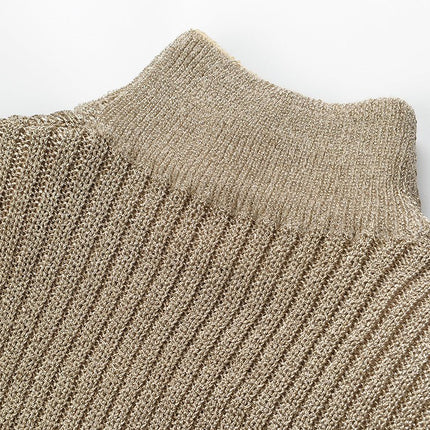 Elegant champagne gold bodycon midi dress with ribbed knit and metallic finish