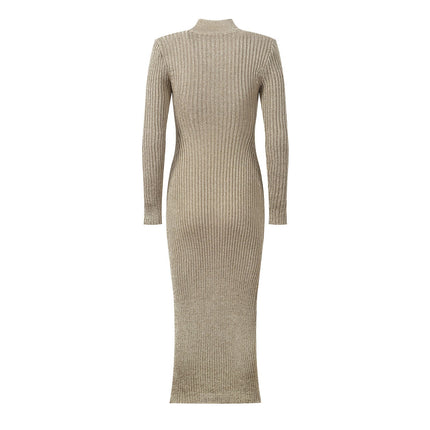 Champagne Gold Ribbed Knit Bodycon Midi Dress with Metallic Finish