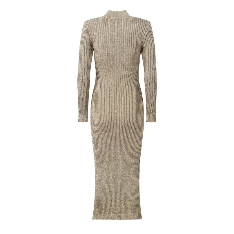 Champagne Gold Ribbed Knit Bodycon Midi Dress with Metallic Finish