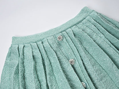 Chanel - Inspired Cropped Jacket & Pleated Skirt Set - Green