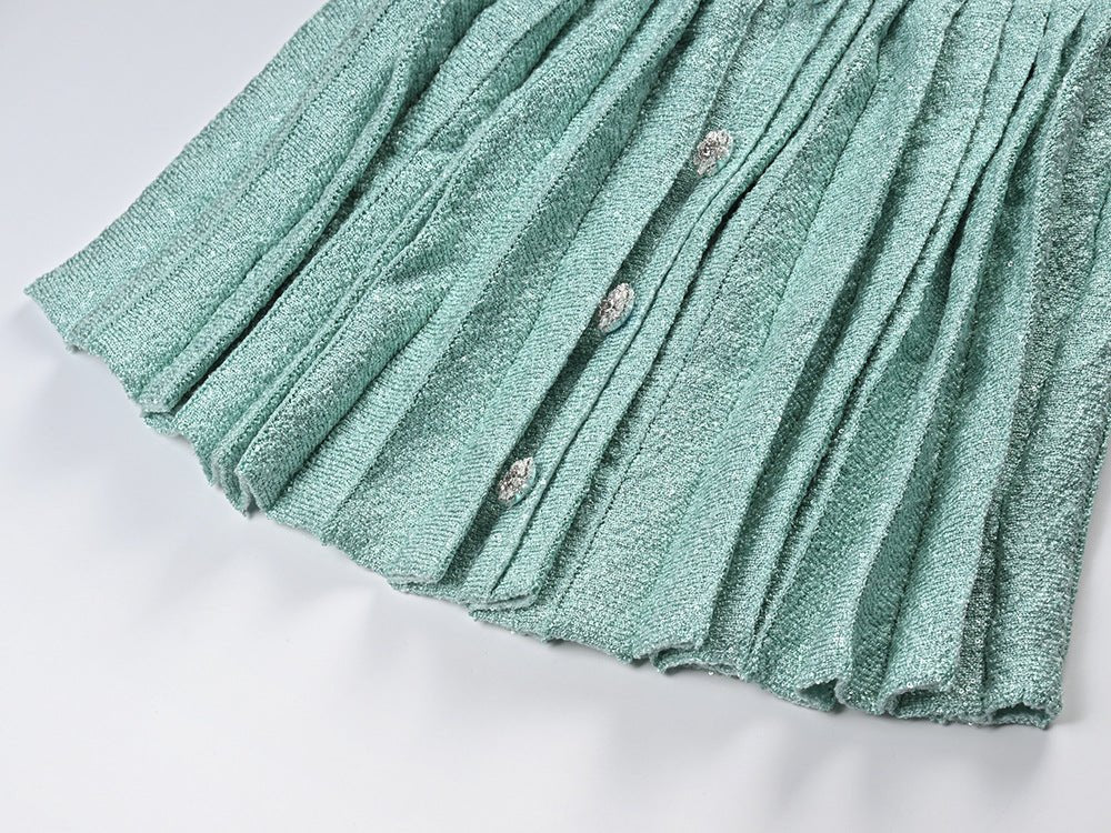 Chanel - Inspired Cropped Jacket & Pleated Skirt Set - Green