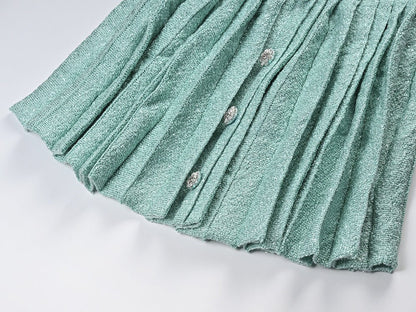 Chanel - Inspired Cropped Jacket & Pleated Skirt Set - Green
