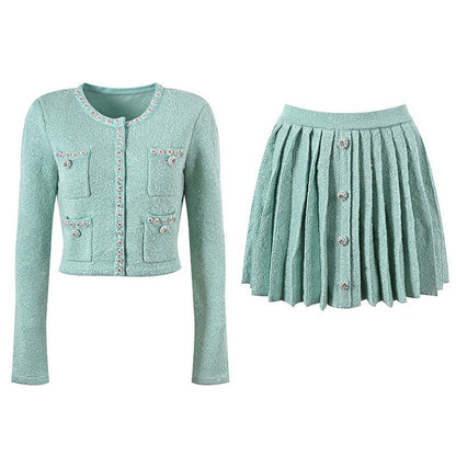 Chanel - Inspired Cropped Jacket & Pleated Skirt Set - Green