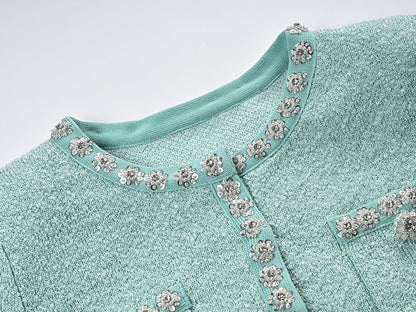 Chanel - Inspired Cropped Jacket & Pleated Skirt Set - Green