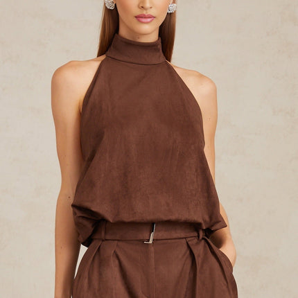 woman wearing Chaney Brown Suede Bubble Hem Top & Shorts Set in Brown