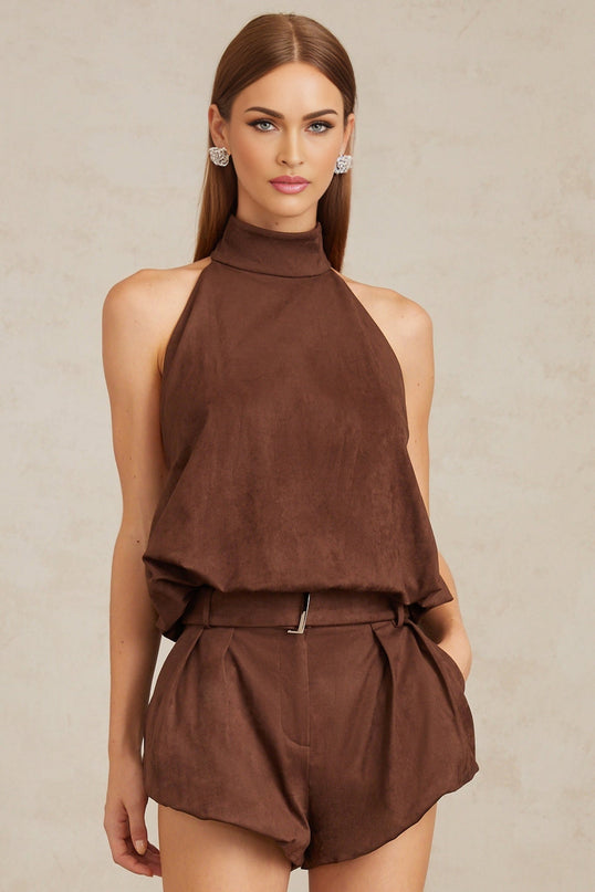 woman wearing Chaney Brown Suede Bubble Hem Top & Shorts Set in Brown