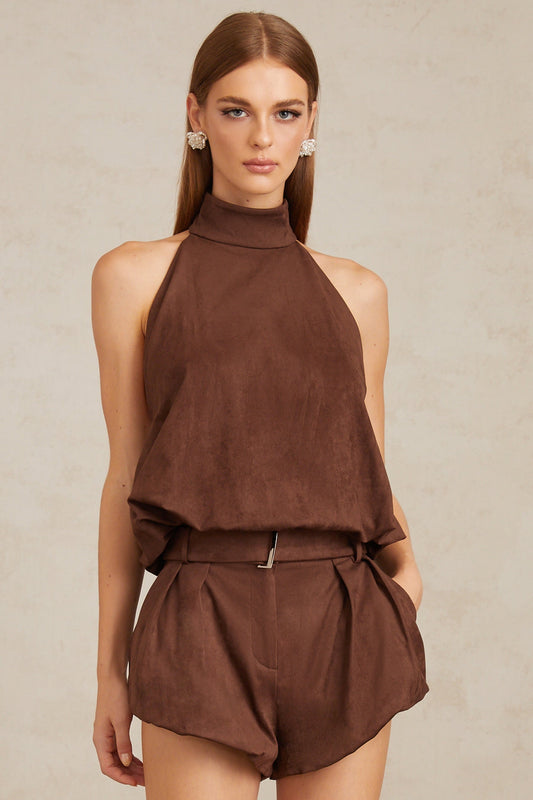 Chaney Brown Suede Bubble Hem Top  Shorts Set