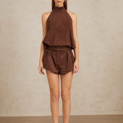 women's Chaney Brown Suede Bubble Hem Top & Shorts Set