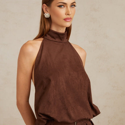 Chaney Brown Suede Bubble Hem Top & Shorts Set in Brown color
