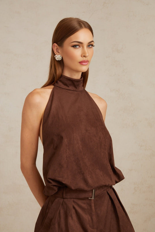 Chaney Brown Suede Bubble Hem Top & Shorts Set in Brown color