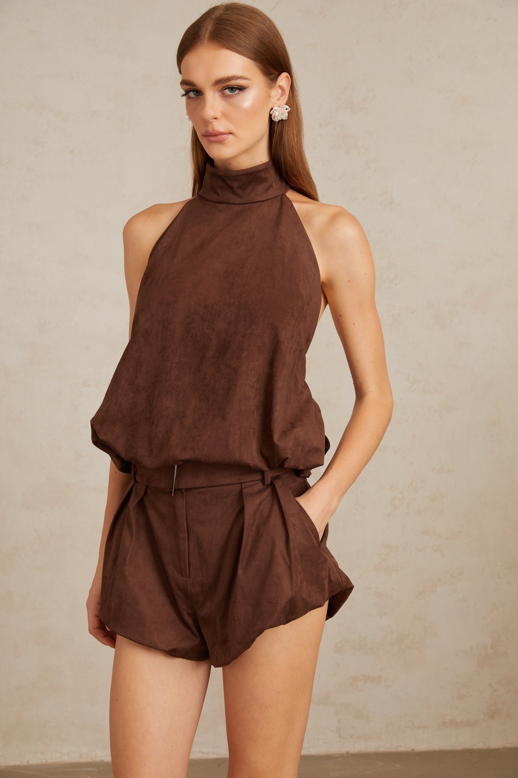 Chaney Brown Suede Bubble Hem Top  Shorts Set