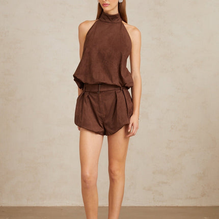 Women's Chaney Brown Suede Bubble Hem Top & Shorts Set in Brown color