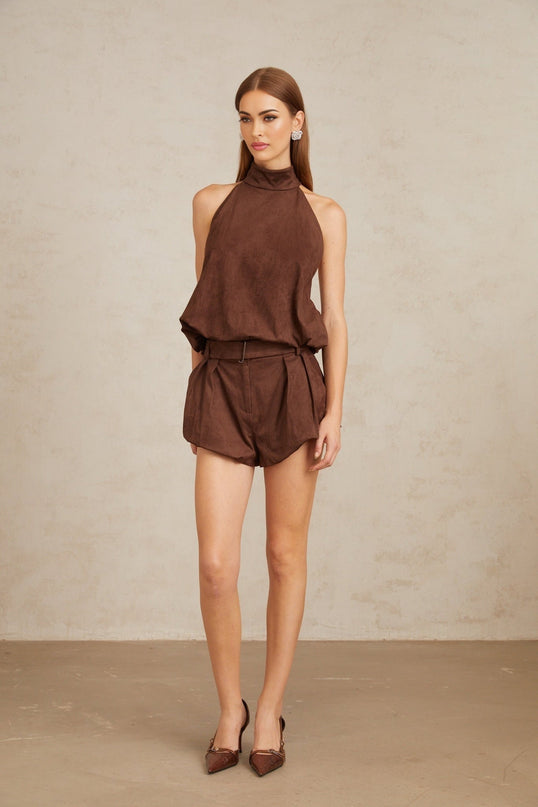 Women's Chaney Brown Suede Bubble Hem Top & Shorts Set in Brown color
