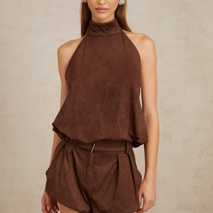 Chaney Brown Suede Bubble Hem Top & Shorts Set in Brown color