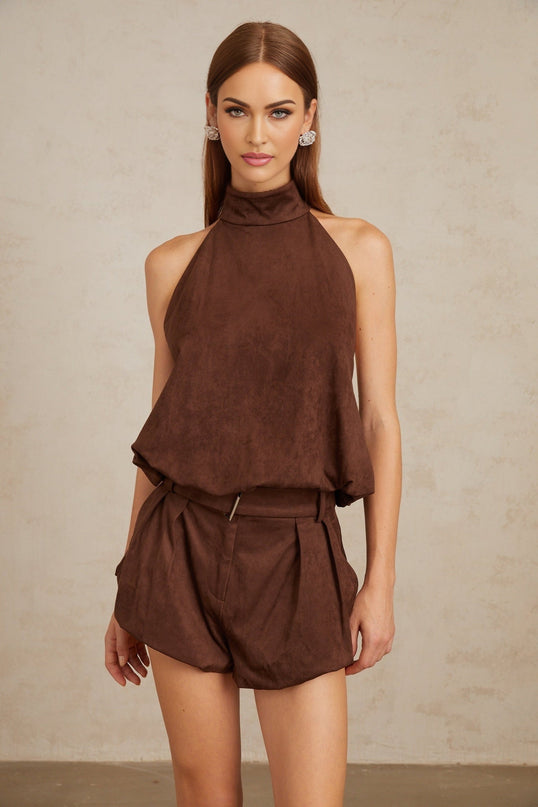 Chaney Brown Suede Bubble Hem Top & Shorts Set in Brown color