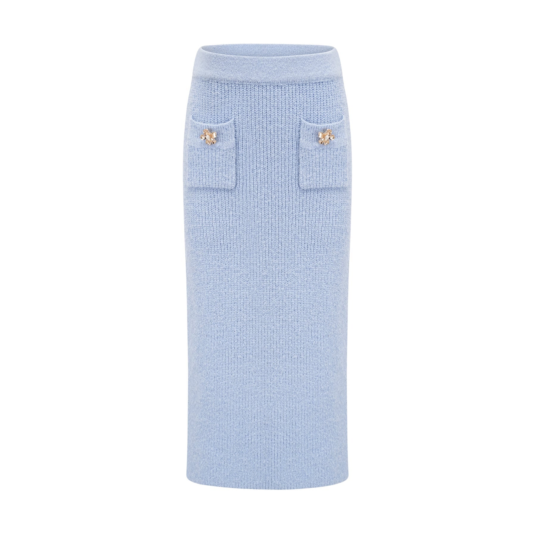 Chantal blue knit blouse and skirt matching set on white background