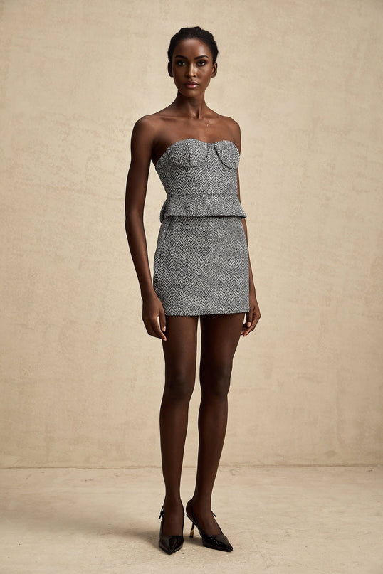 Chantal gray corset top with herringbone pattern