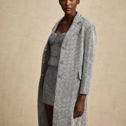 Chantal Gray Herringbone Coat with Stud Accents and Button Closure