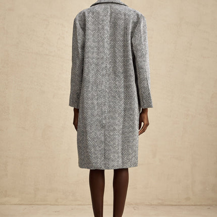 Chantal Gray Herringbone Coat with Decorative Stud Accents and Button Closure