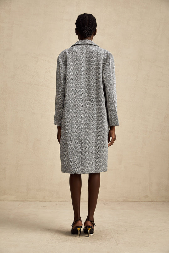 Chantal Gray Herringbone Coat with Decorative Stud Accents and Button Closure