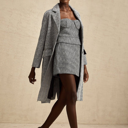 Chantal Gray Herringbone Coat with Stud Accents Lapel Collar and Button Closure