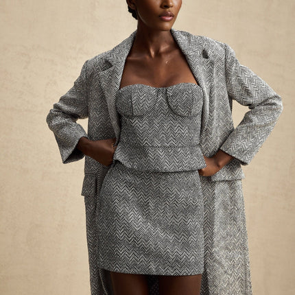 Chantal Gray Herringbone Coat with Stud Accents Button Closure and Side Flap Pockets
