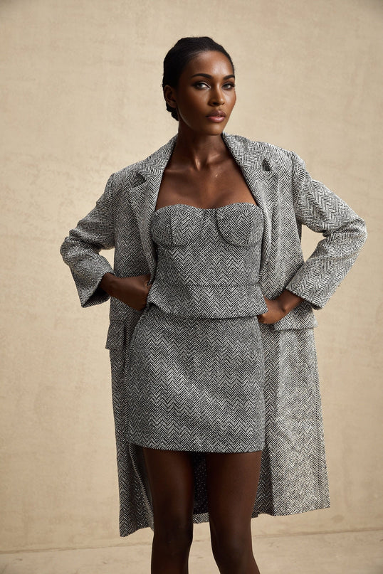 Chantal Gray Herringbone Coat with Stud Accents Button Closure and Side Flap Pockets