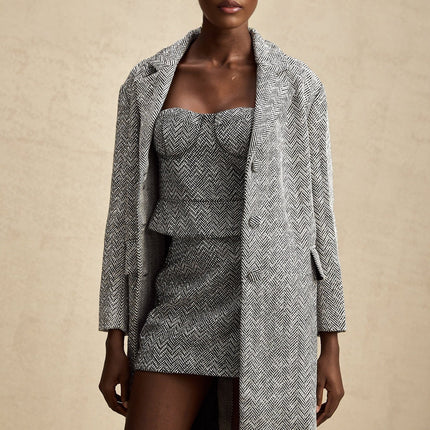 Chantal Gray Herringbone Coat with Stud Accents Lapel Collar and Button Closure
