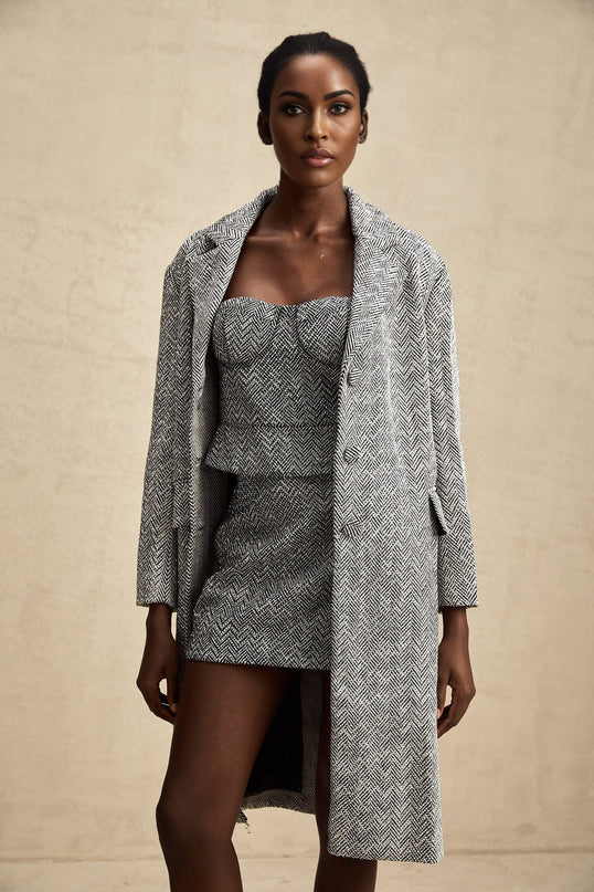 Chantal Gray Herringbone Coat with Stud Accents Lapel Collar and Button Closure