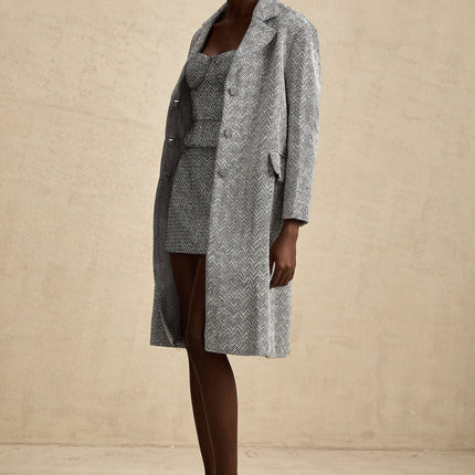 Chantal Gray Herringbone Coat with Stud Accents and Button Closure