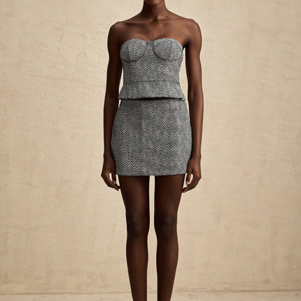 Chantal Grey Corset Crop Top with Metal Studs and Herringbone Pattern