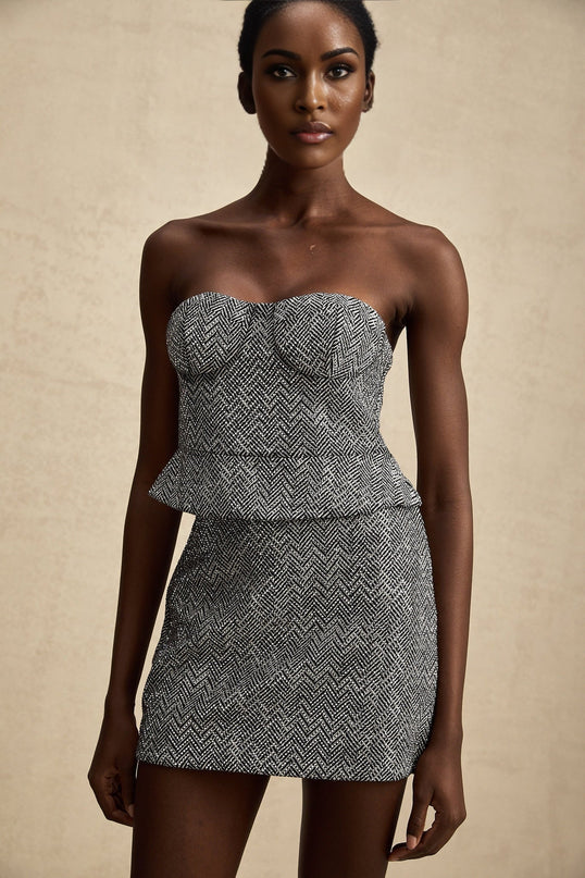 Chantal Grey Herringbone Corset Crop Top with Metal Studs