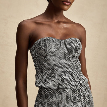 Chantal Grey Herringbone Corset Crop Top with Metal Studs